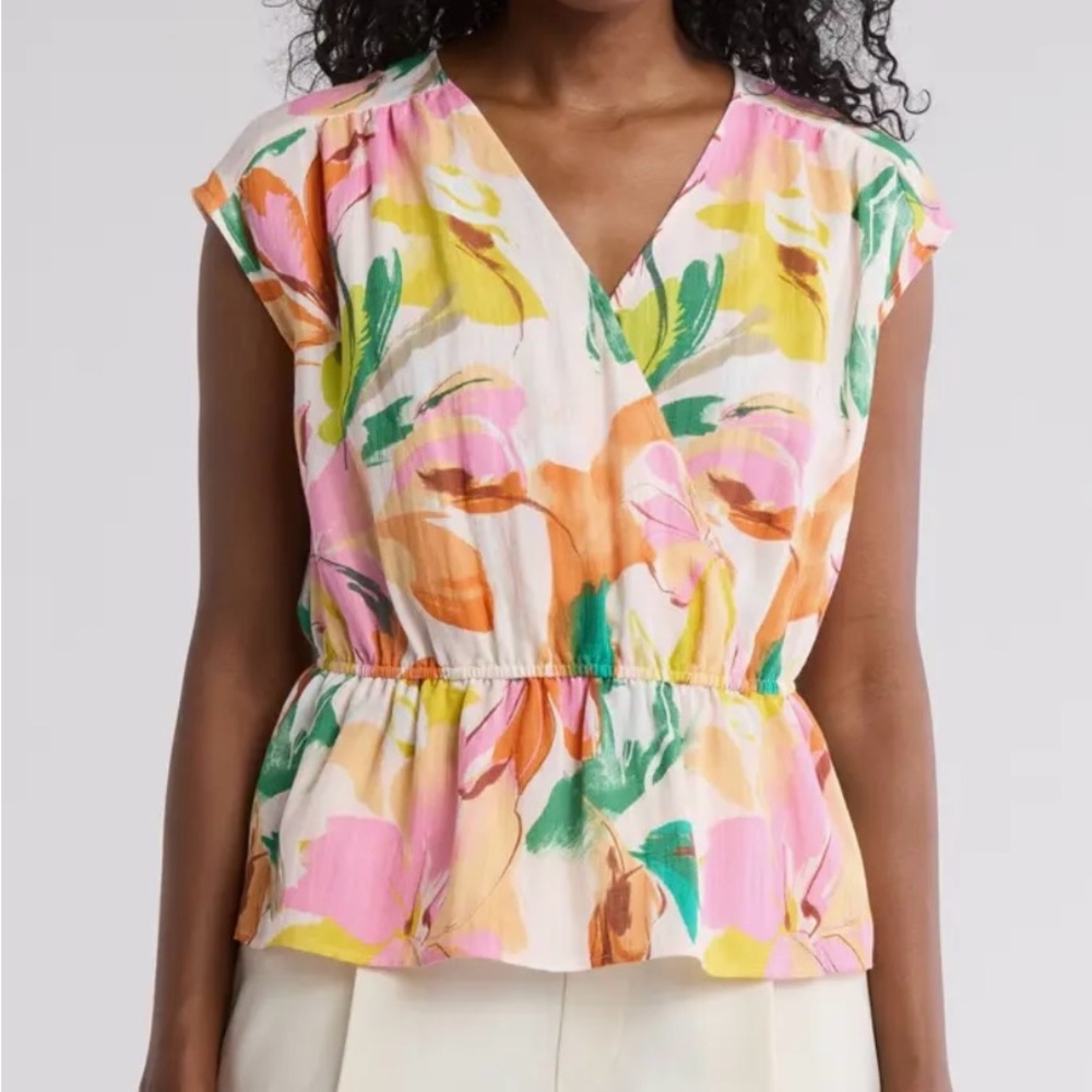 Gemma and Jane cap sleeve v-neck floral peplum blouse top pink green cream M